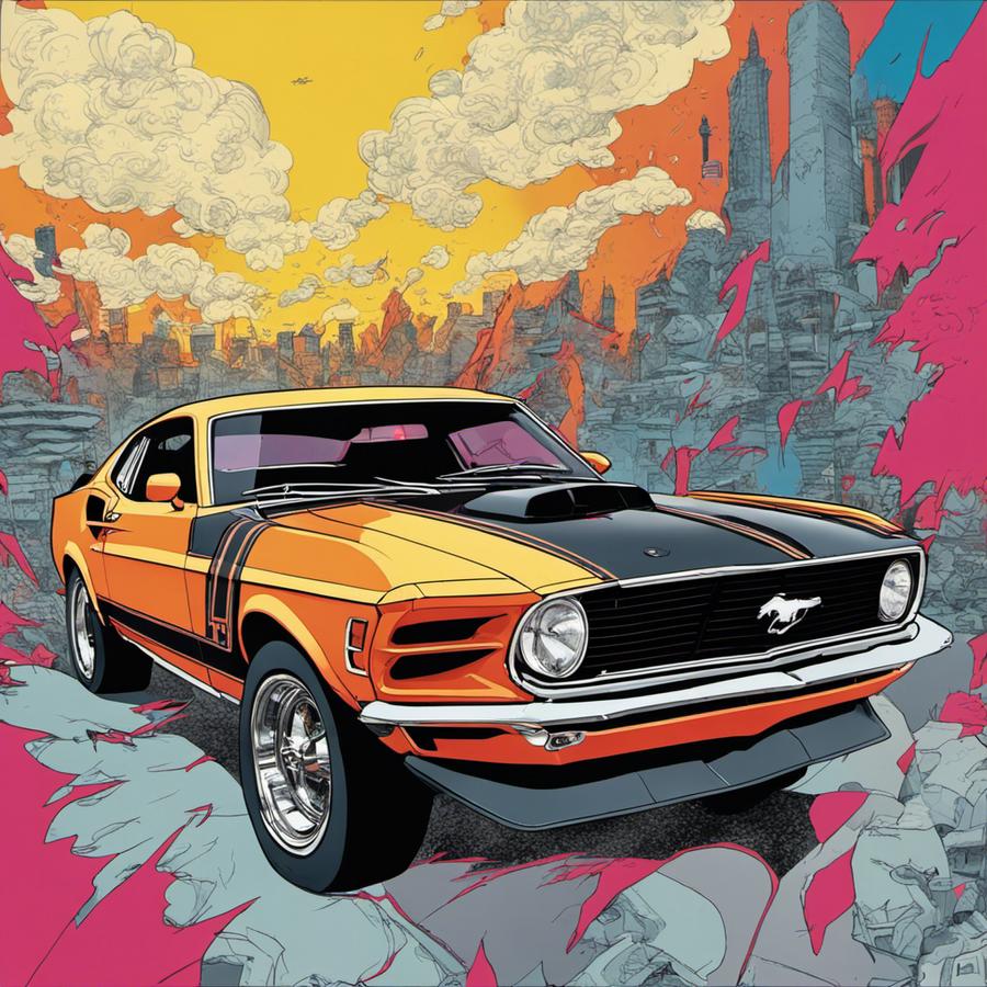 Illustration d'une Ford Mustang Mach 1 (1970) style BD