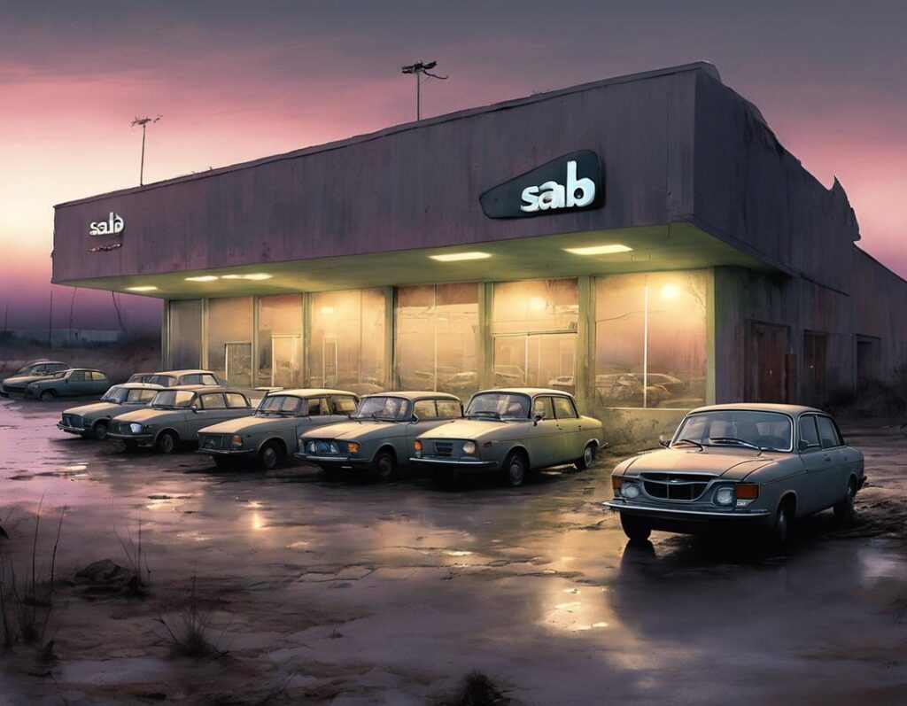 Vue panoramique d'une concession Saab déserte, les voitures autrefois brillantes recouvertes de poussière et de toiles d'araignées, oubliées sous un toit délabré avec des logos Saab décolorés, le tout baigné dans une lumière crépusculaire étrange.(2)