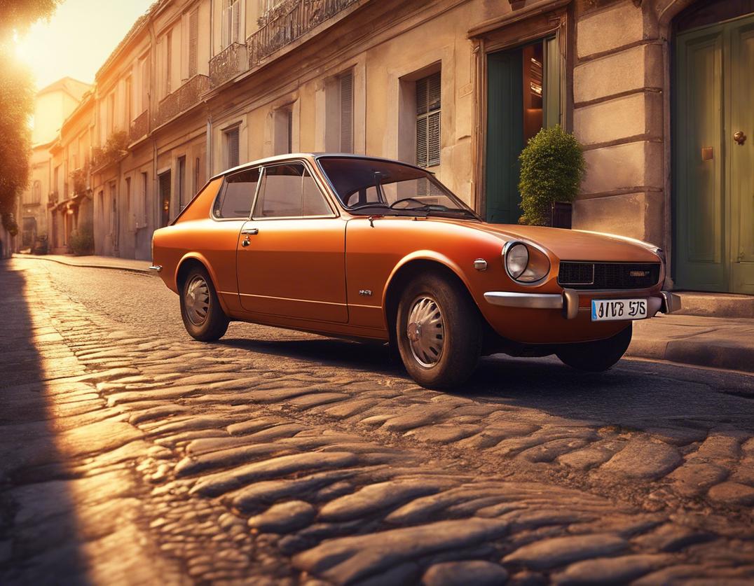 Une voiture Datsun vintage garée sur une rue pavée française vibrante, baignée dans la lueur chaleureuse d'un coucher de soleil pittoresque.(2)