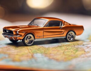 Gros plan d'un modèle réduit de Ford Mustang Orange brillant, parfaitement détaillé, garé sur une carte vintage rugueuse, éclairage diurne avec mise au point nette, image haute résolution, 4k.(2)