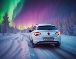 Une Opel blanche, brillante, roulant sur une route enneigée, entourée de rennes sous l'Aurora Borealis intense, finition mate, éclairage ambiant.