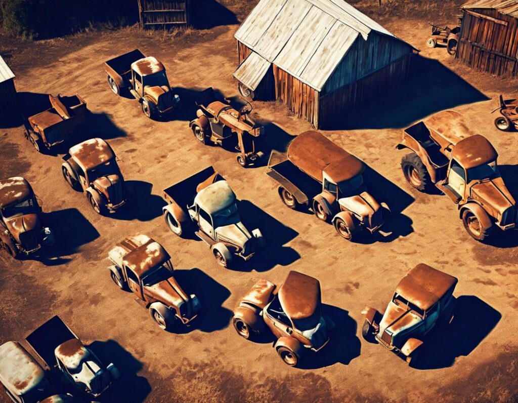 Vue aérienne de pièces de tracteur Renault vintage dispersées dans une grange baignée de soleil avec un éclat nostalgique du soleil de fin d'après-midi.(2)