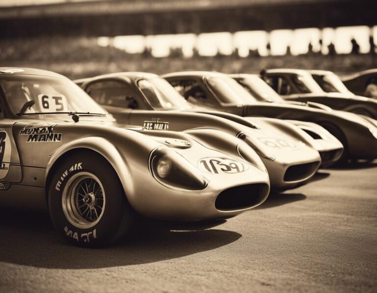 Photographie vintage sépia montrant une alignement de voitures de course Ford arborant différentes années sur leurs carrosseries métalliques, symbolisant toutes les fois où Ford a remporté le Mans, sur fond de piste de course riche en histoire.