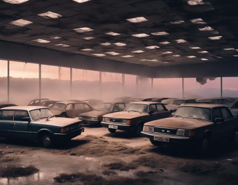 Vue panoramique d'une concession Saab déserte, les voitures autrefois brillantes recouvertes de poussière et de toiles d'araignées, oubliées sous un toit délabré avec des logos Saab décolorés, le tout baigné dans une lumière crépusculaire étrange.