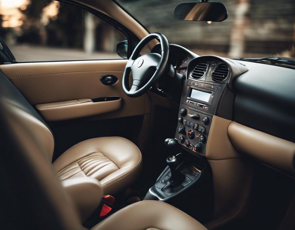 Photo capturant les sièges en cuir immaculés et le tableau de bord poli d'une Lancia Musa sous un éclairage ambiant doux, mettant en valeur son esthétisme moderne et classique