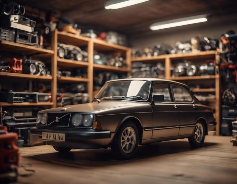 Un agencement de pièces de voiture Saab soigneusement rangées sur des étagères en bois, avec un modèle Saab vintage garé en arrière-plan.