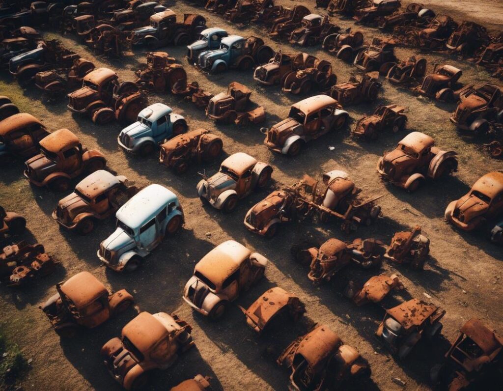 Vue aérienne de pièces de tracteur Renault vintage dispersées dans une grange baignée de soleil avec un éclat nostalgique du soleil de fin d'après-midi.