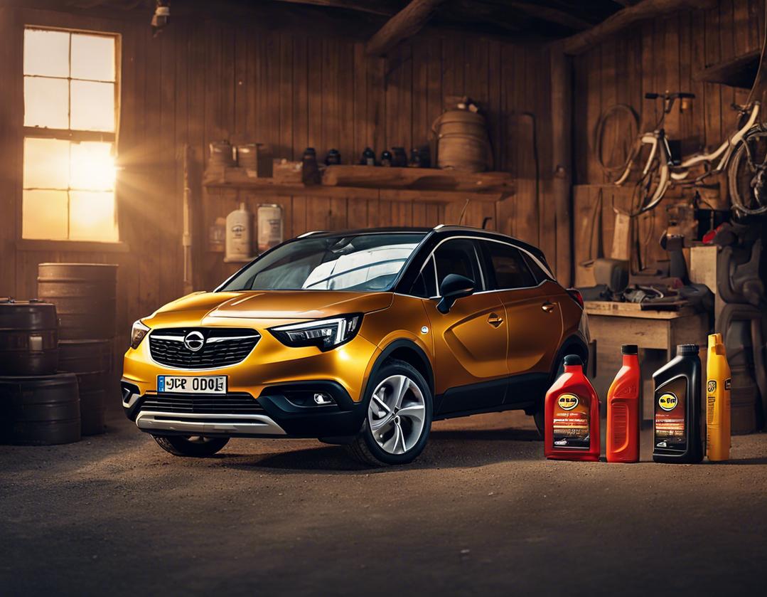 Une photographie montrant une Opel Crossland X garée dans un garage rustique, avec divers types d'huile moteur exposés sur une table en bois à proximité, le label en évidence est celui de l'huile moteur recommandée, avec une lumière de coucher de soleil tamisée filtrant à travers les fenêtres poussiéreuses.