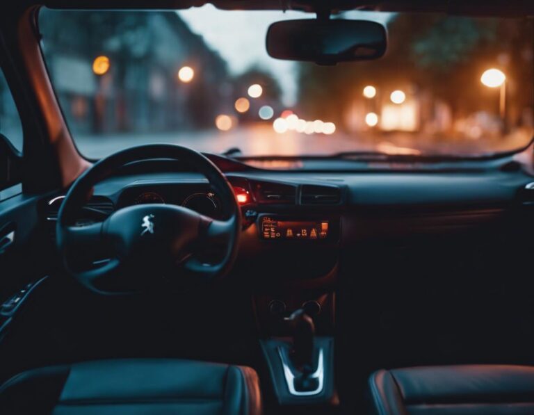 Image vivante d'un tableau de bord de Peugeot éclairé par une lumière ESP, le moteur de la voiture perd doucement de la puissance sur une route urbaine à la tombée de la nuit.