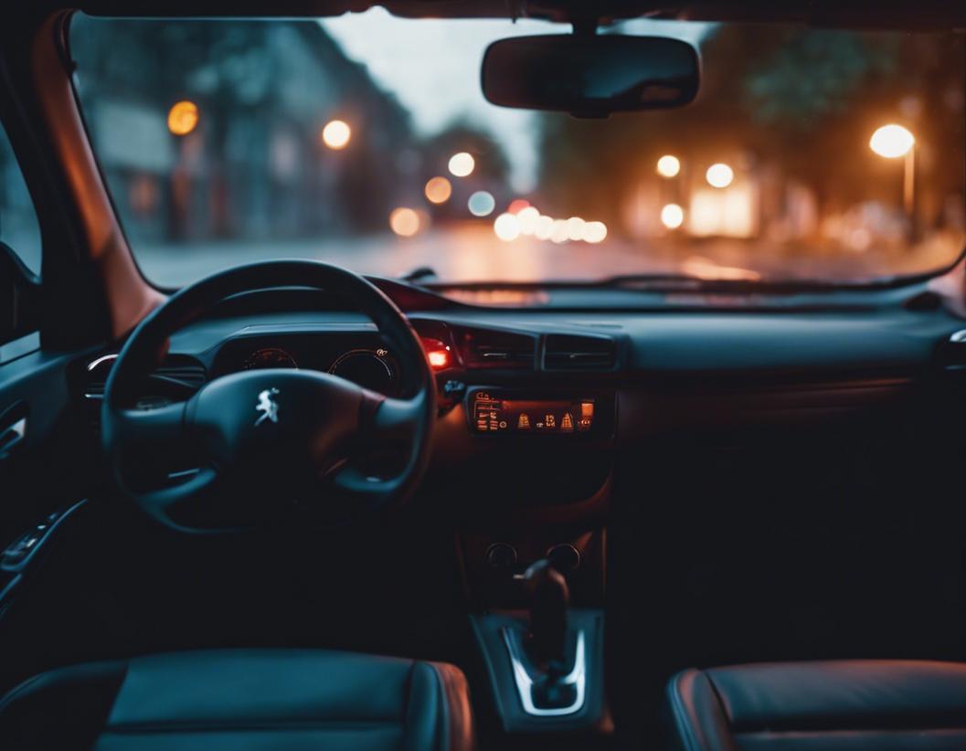Image vivante d'un tableau de bord de Peugeot éclairé par une lumière ESP, le moteur de la voiture perd doucement de la puissance sur une route urbaine à la tombée de la nuit.