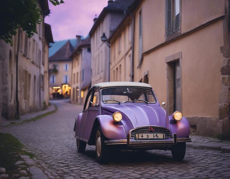 Une ancienne voiture Citroën est garée sur une rue médiévale calme à Oyonnax, en France, avec des maisons aux douces couleurs pastel en arrière-plan, éclairage élégant et crépusculaire lavande, image 4K à mise au point nette.