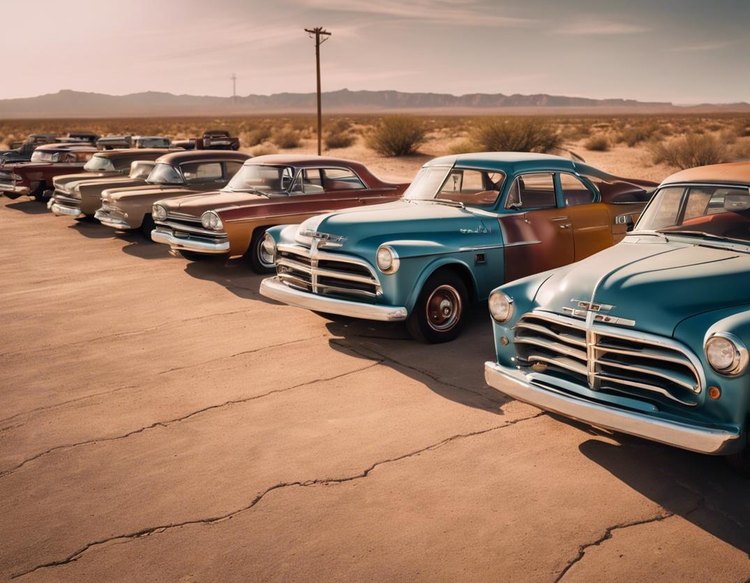 Une rangée de modèles Dodge vintage les plus populaires, stationnés sur une Route 66 baignée de soleil, avec un paysage crépusculaire poussiéreux en arrière-plan.
