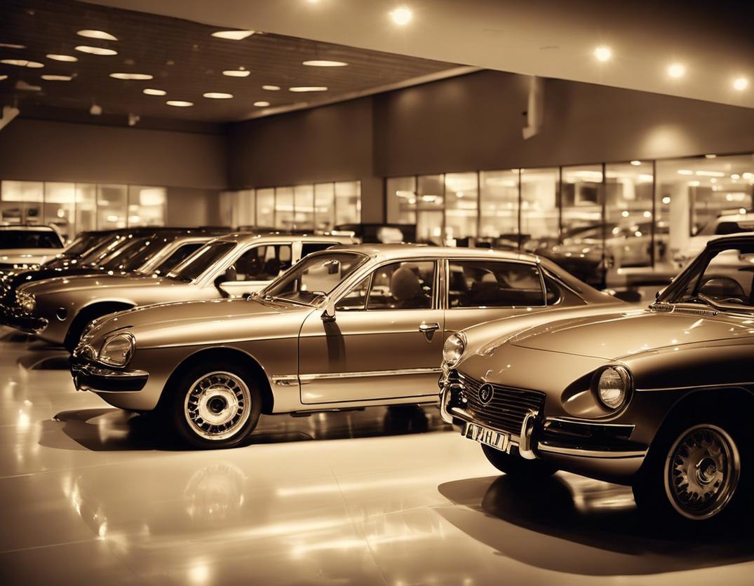 Photographie en sépia d'une concession automobile française animée, mettant en lumière une nouvelle voiture brillante dans le showroom, remplie d'anticipation du processus d'achat, finition mate, éclairage ambiant.