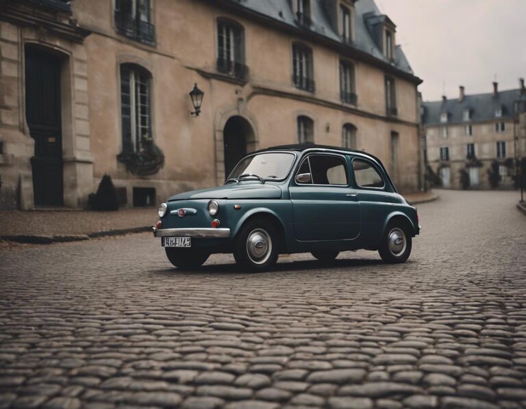 Une Fiat classique est garée dans une rue pavée ancienne de Rambouillet, avec le château emblématique en arrière-plan, dans une ambiance moody, desaturée.