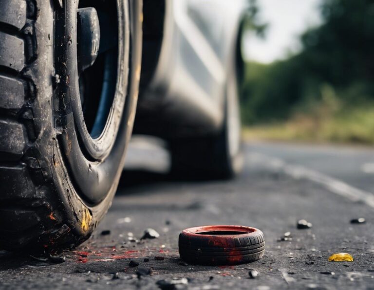 Photographie en gros plan d'un pneu endommagé avec un aérosol anti-crevaison inefficace à proximité, exprimant la frustration sur une route sale, en 4k avec une finition matte et un éclairage dramatique.