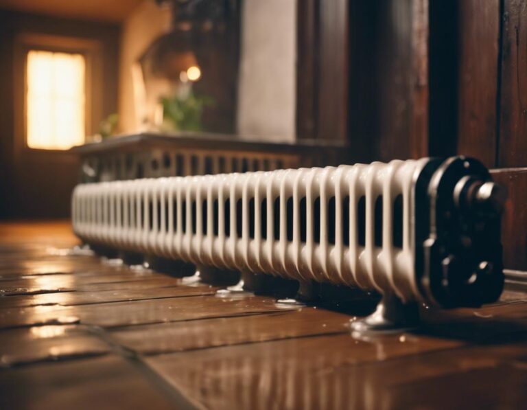 Photographie en gros plan d'un radiateur froid sur un vieux plancher en bois, avec une petite flaque d'eau indiquant une purge récente, dans une pièce bien éclairée.
