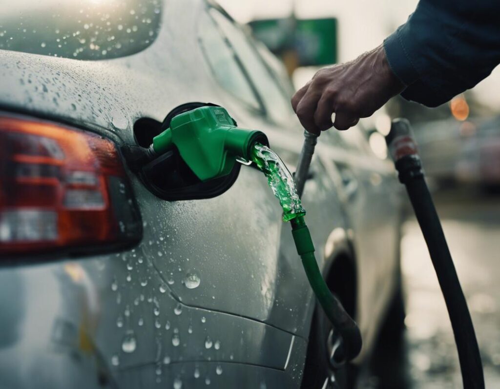 Gros plan d'un homme figé en réalisant quelque chose à une station-service, des gouttes d'essence E85 s'égouttant encore du pistolet dans le réservoir de sa voiture, son expression inquiète reflétant dans le chrome de la pompe.
