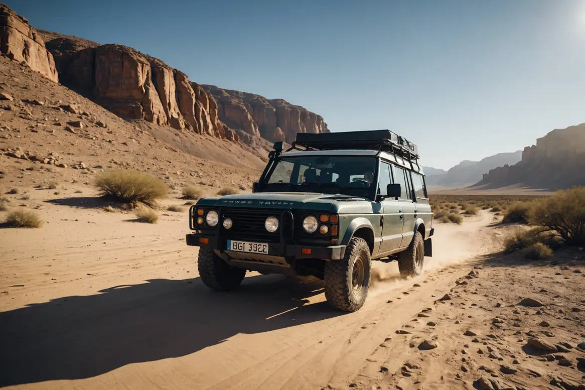 Photographie d'un Land Rover 4x4 robuste navigant sur un paysage désertique rocheux et ensoleillé, avec l'ombre du véhicule se prolongeant sur le sable, éclairage naturel dur, en haute définition.