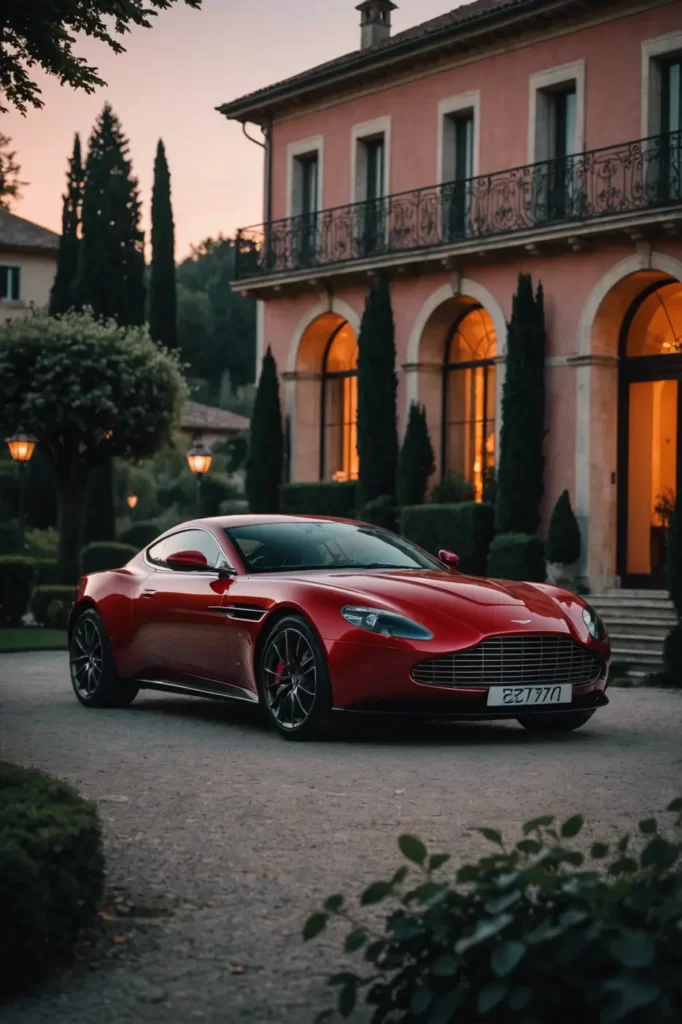 A vibrant red Aston Martin Zagato poised in front of an Italian villa at dusk, the car's curves echoing the romantic architecture, warm ambient lighting, storybook setting