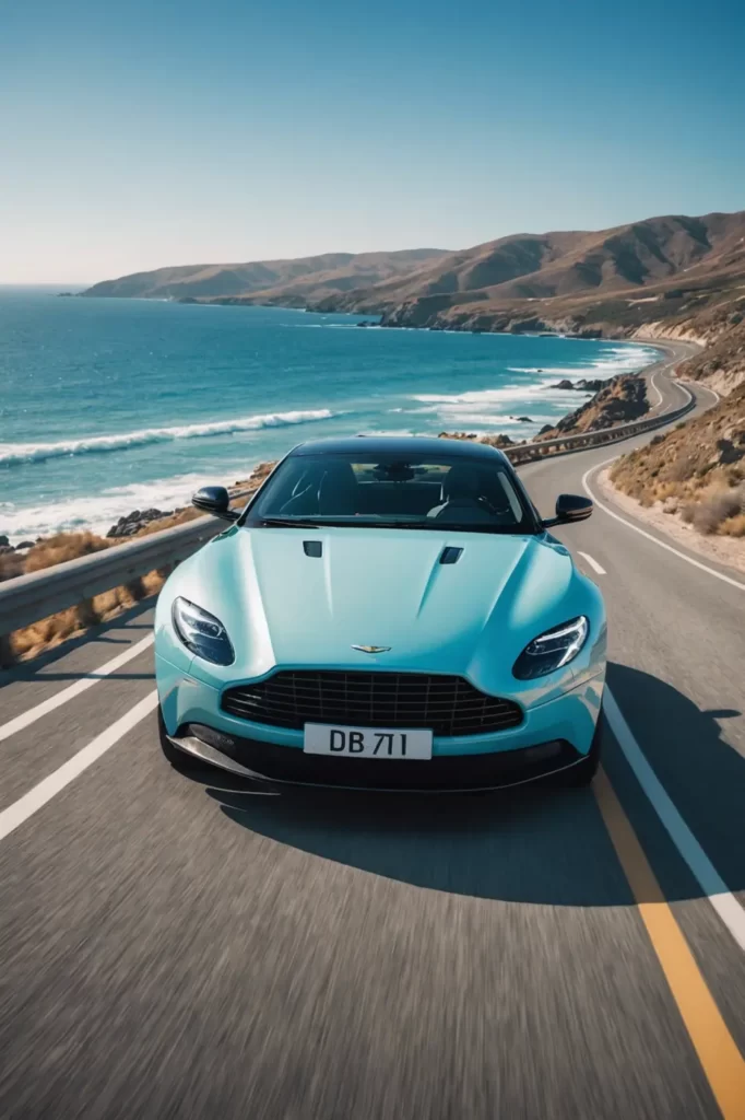 A crystal white Aston Martin DB11 cruising along an empty coastal road, the turquoise sea reflecting off its polished surface, clear skies overhead, sharp focus, polarized colors