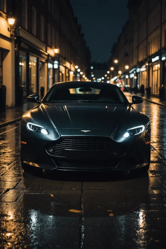 An Aston Martin Vantage in a matte black finish, parked on an empty, rain-soaked city street at night, reflections shimmering on the pavement, dramatic lighting, sharp focus.