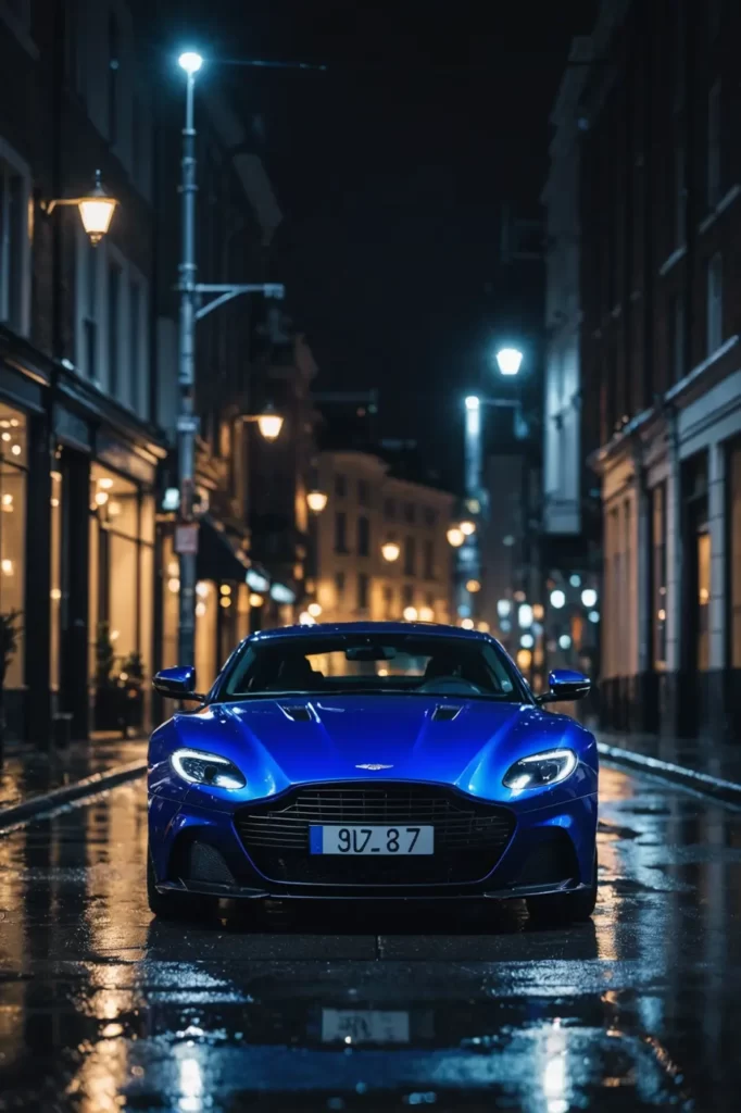 A cobalt blue Aston Martin DBS Superleggera parked on a rain-slicked urban street at night, streetlights creating a shimmering bokeh, cinematic, wet-look finish