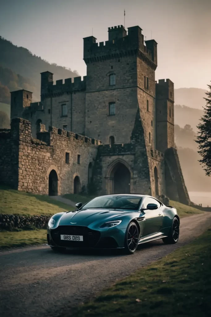 The luxurious Aston Martin DBS Superleggera positioned before an ancient castle shrouded in mist, lending an air of mystery, ethereal morning light, high-definition, 8k.