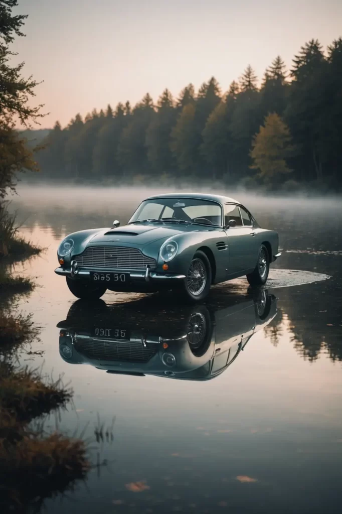 The classic elegance of an Aston Martin DB5 captured at sunrise on a serene lake's edge, a mist rising off the water surface, soft glow, surreal tranquility