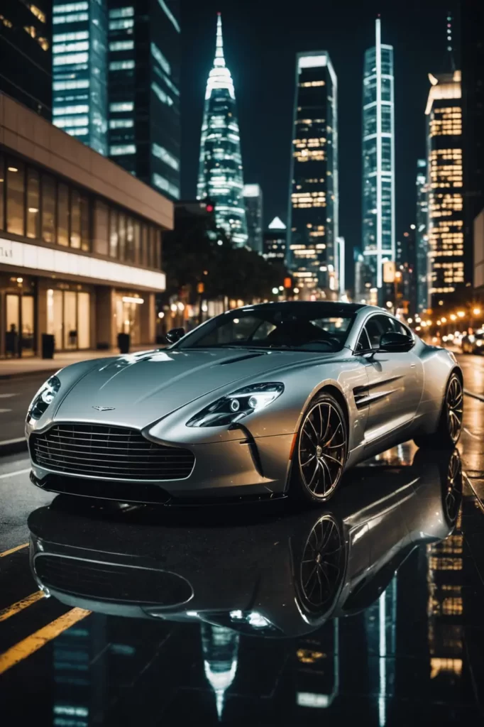 An Aston Martin One-77 displayed under the brilliance of a modern city skyline, the car's bold lines mirrored in the surrounding glass skyscrapers, sharp architectural backdrop, ambient city lights