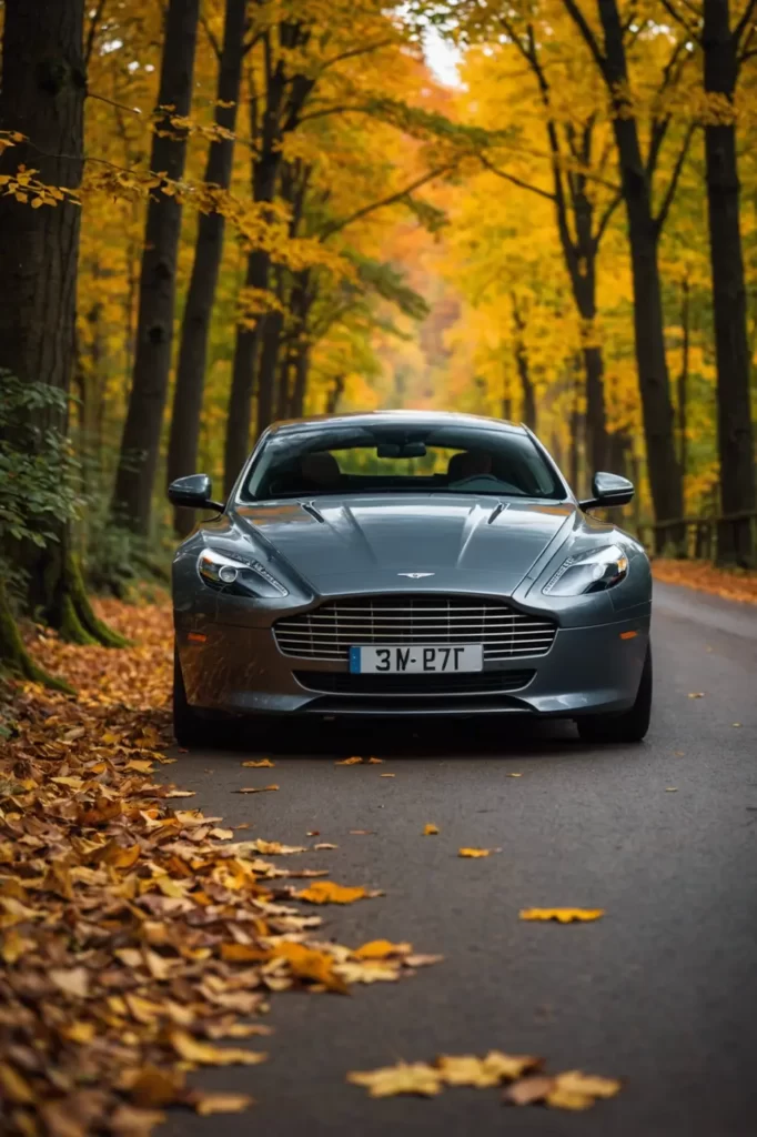 A sophisticated grey Aston Martin Rapide S driving through an autumnal forest, leaves forming a tunnel of warm hues above it, dynamic motion blur, rich fall colors