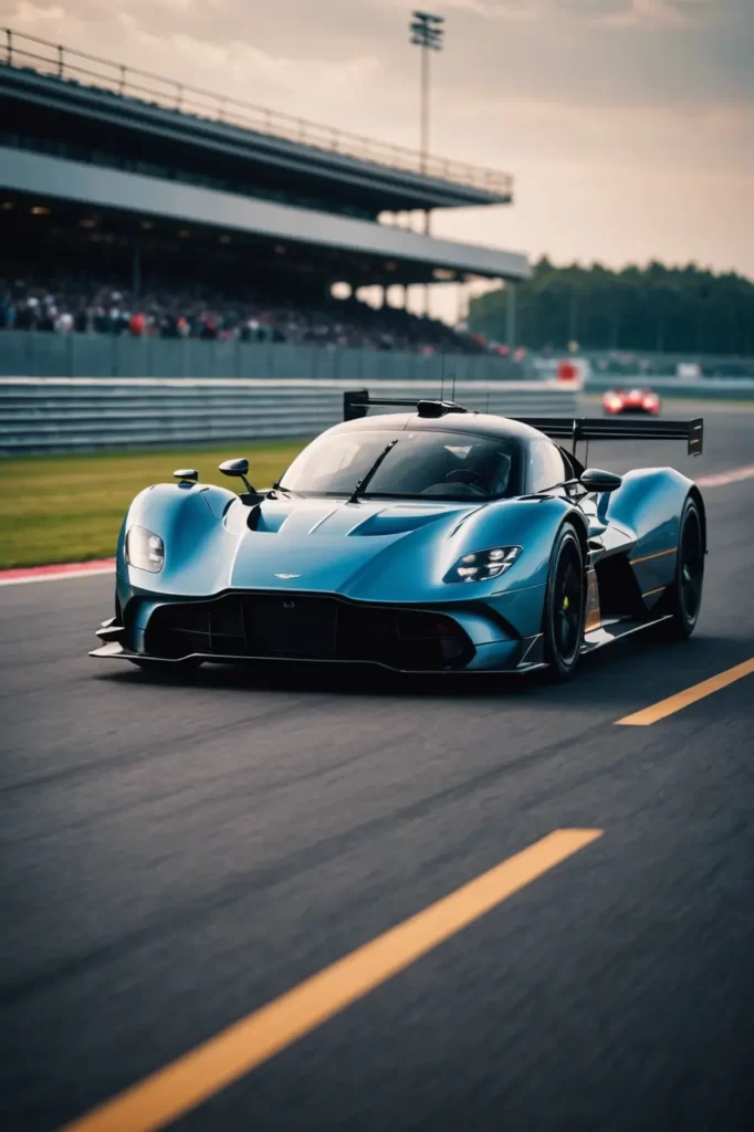 An Aston Martin Valkyrie hypercar dominating the racetrack, its sleek form a blur against the tarmac, speed personified, adrenaline-charged atmosphere, high-speed freeze motion
