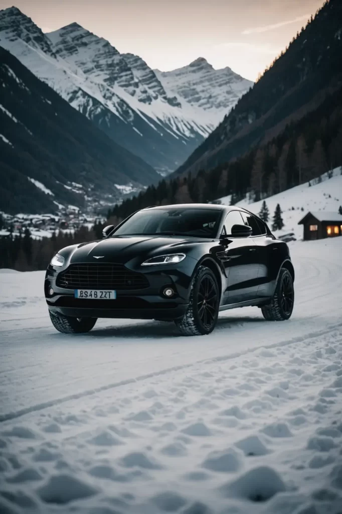 An enigmatic matte black Aston Martin DBX against a backdrop of snow-capped mountains, its formidable presence exuding power and elegance, cold contrast, crisp winter air