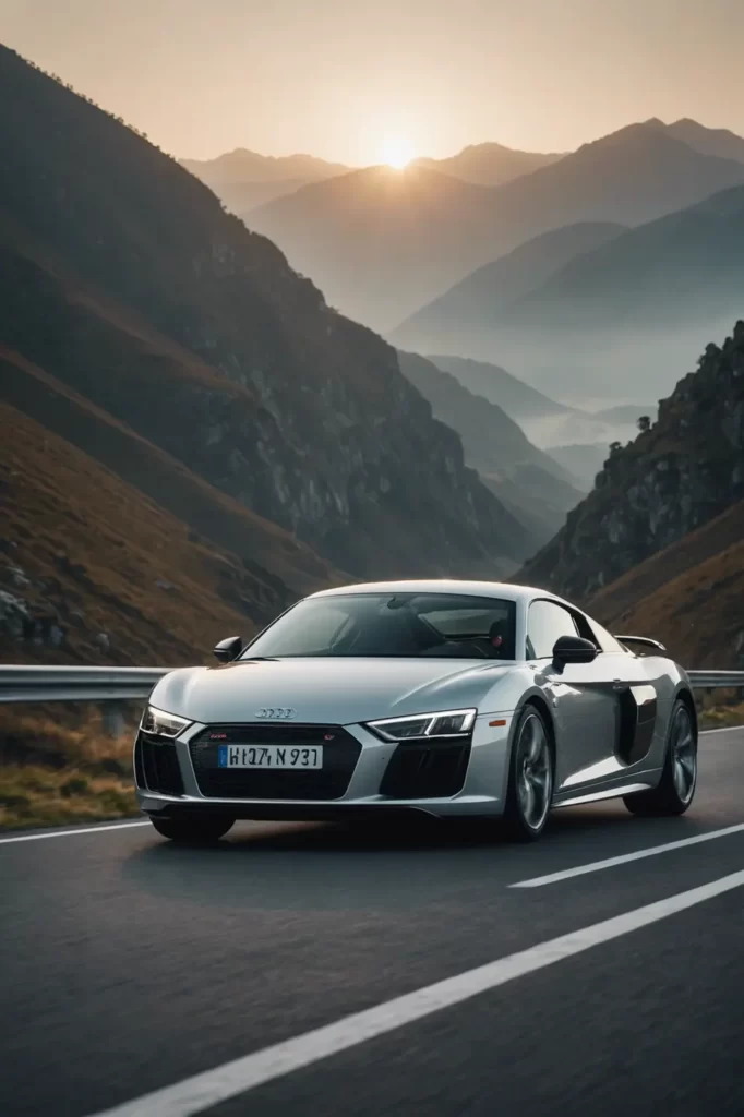 An Audi R8 glides over a misty mountain pass at dawn, the rising sun glinting off its sleek, silver bodywork, subtle lens flare, cinematic.
