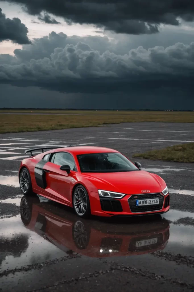 The vibrant red Audi R8 parked on an abandoned airstrip, the stormy sky above reflecting in its polished surface, sharp focus, dramatic lighting.