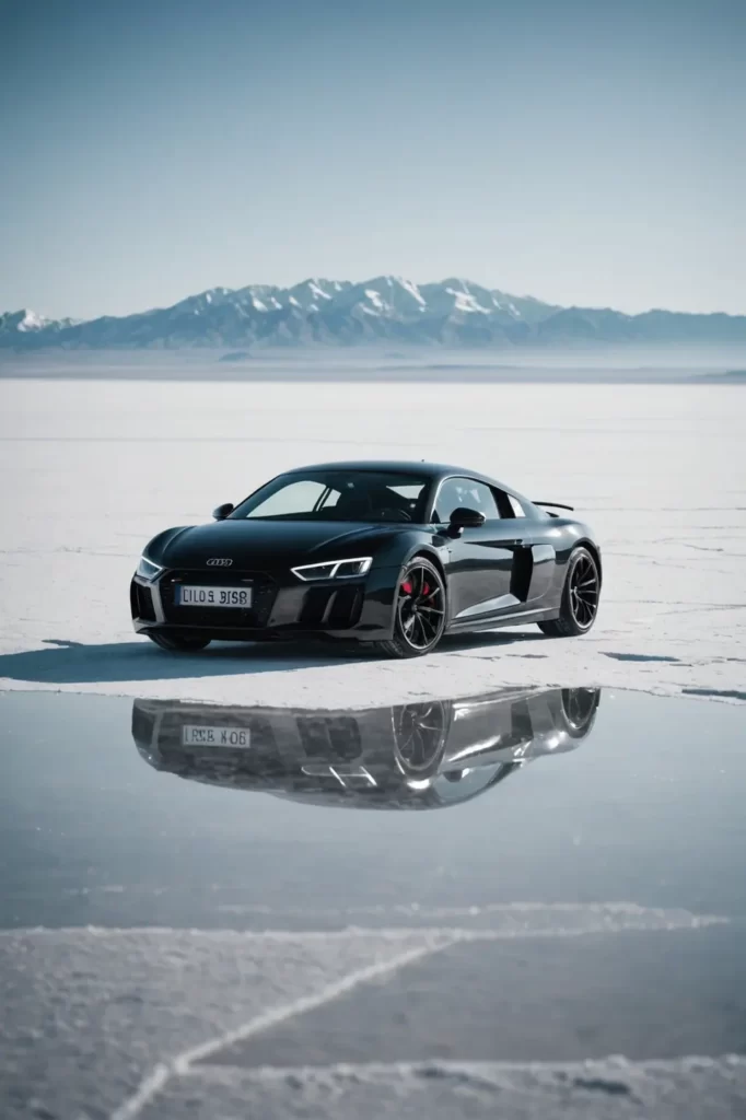 A black Audi R8 stands stark against the white salt flats, a mirage-like reflection shimmering beneath it, high-contrast, vivid clarity.