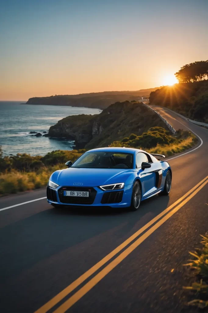 An Audi R8 in brilliant blue cruises along the ocean road, the sunset casting a warm glow over the scene, tranquil, golden hour light.