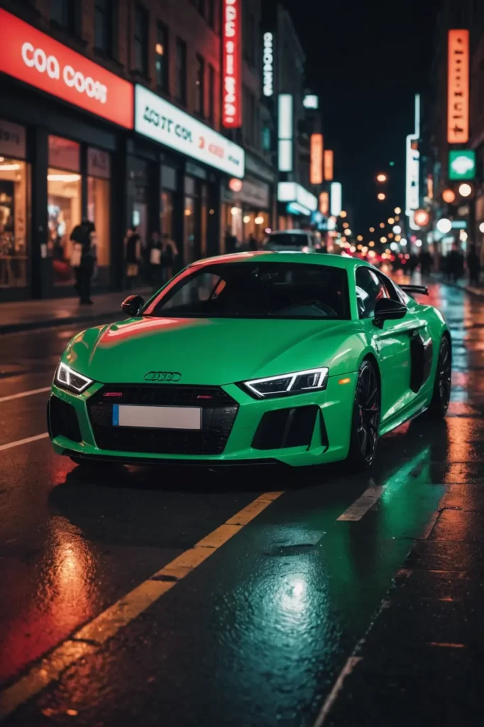 An Audi R8 captured in the heart of a bustling neon-lit city at night, its headlights piercing through the urban glow, vibrant, long exposure.