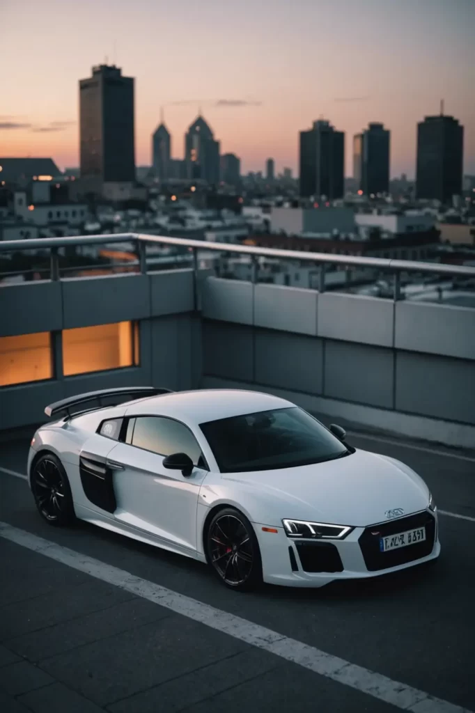 The white Audi R8 caught in a moment of stillness on a rooftop parking, the cityscape sprawling below, twilight ambiance, high-definition.