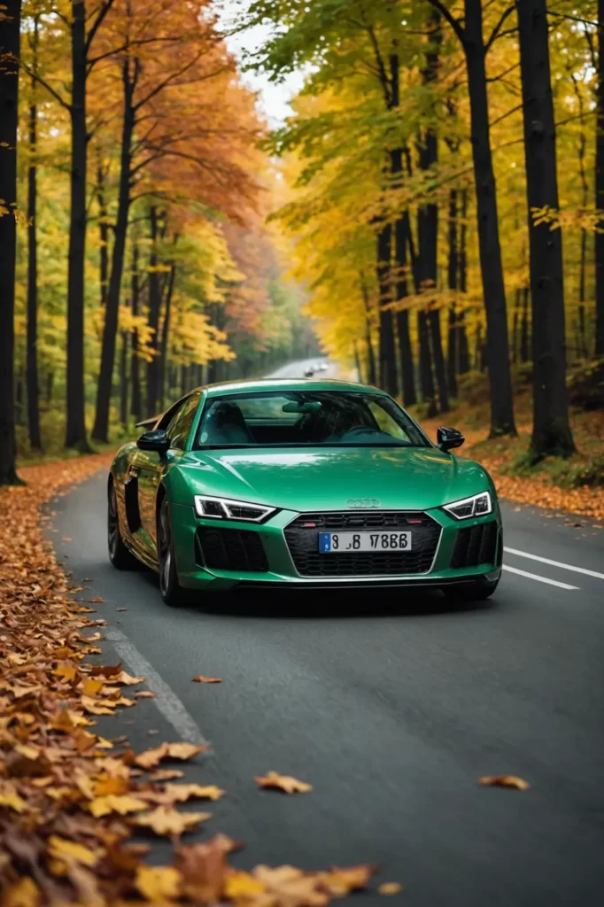 Audi R8 in lustrous green speeding through a forest road, surrounded by autumn leaves, motion blur that suggests speed, natural lighting.