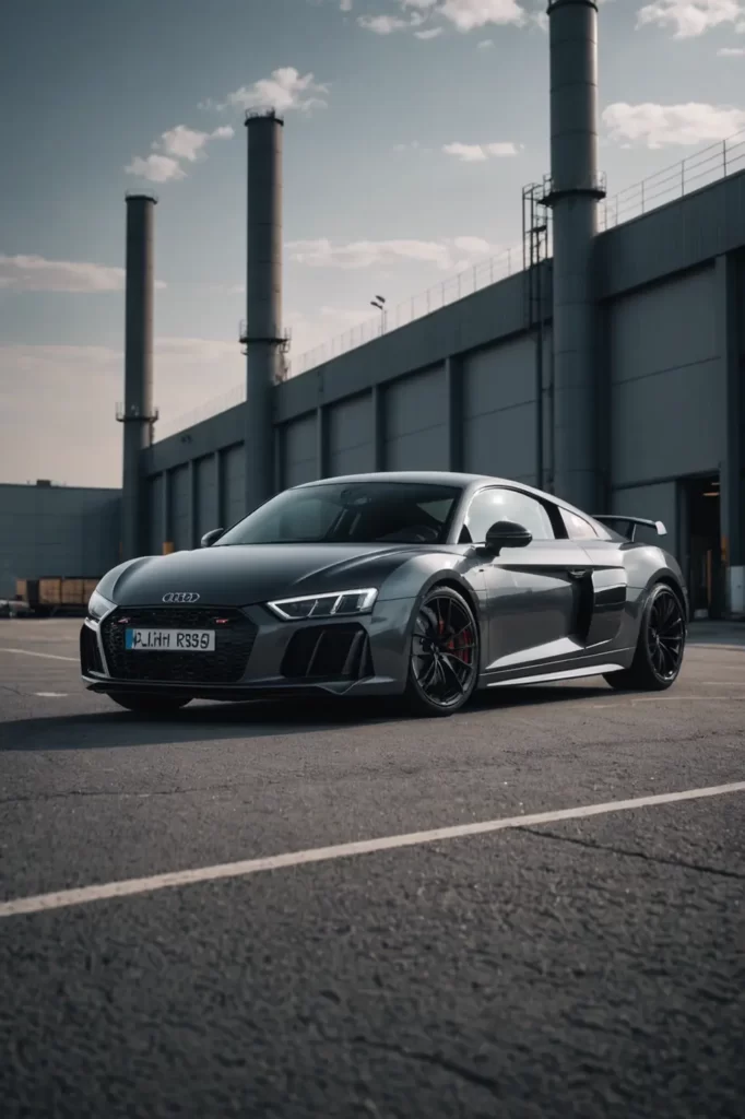 The anthracite Audi R8 posed before an industrial backdrop, the geometric lines of its design complemented by the stark architecture, monochromatic theme, steely texture.