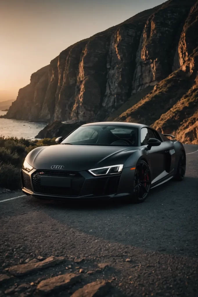 An Audi R8 with matte black finish under the chiaroscuro of a setting sun by the cliffs, the scene inviting a sense of adventure, epic composition, HDR.