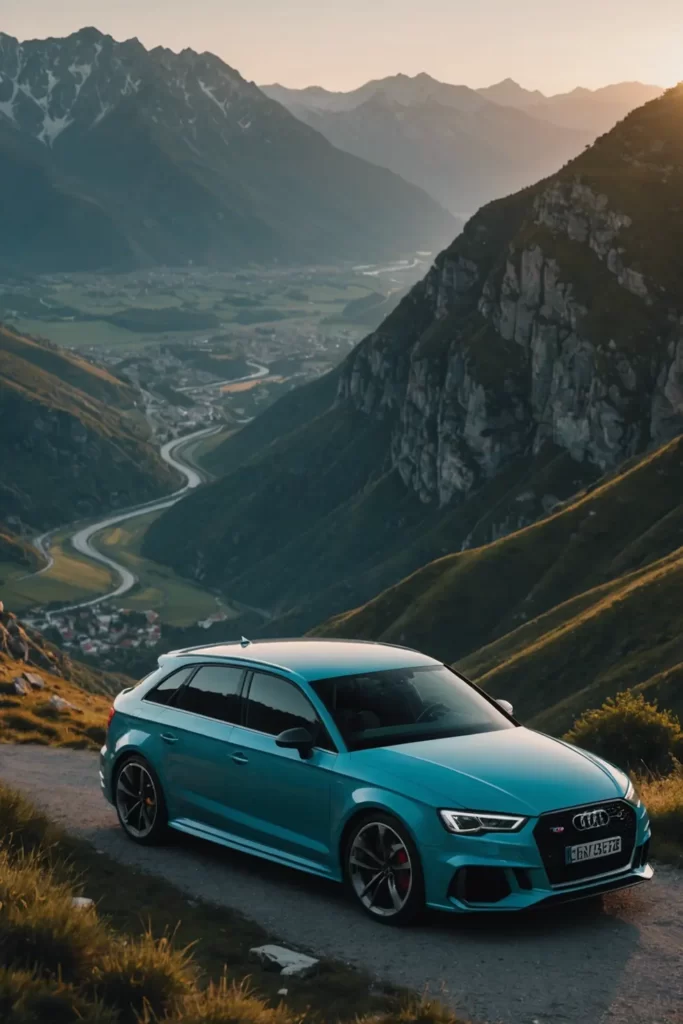 An Audi RS3 parked on a cliff edge overlooking a serene mountain range at dusk, with the last rays of sunlight glinting off its polished surface, sharp focus, ambient lighting, 4k resolution.