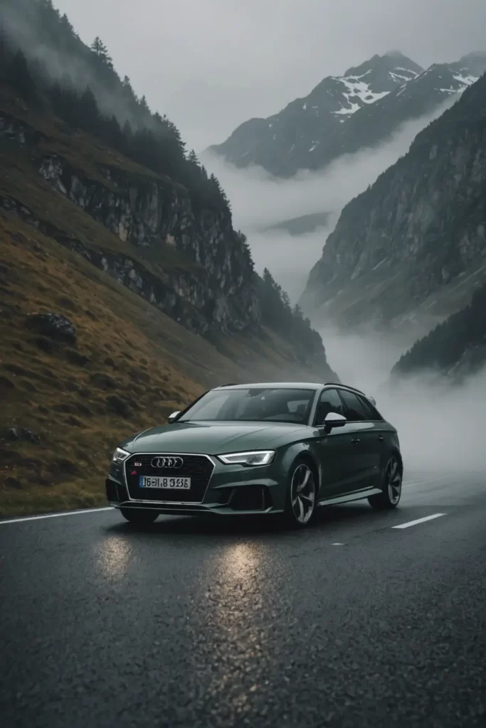 The Audi RS3 commands presence on a misty mountain pass, intricate light play through the fog, emphasizing the vehicle's aggressive lines, misty mood, panoramic shot.