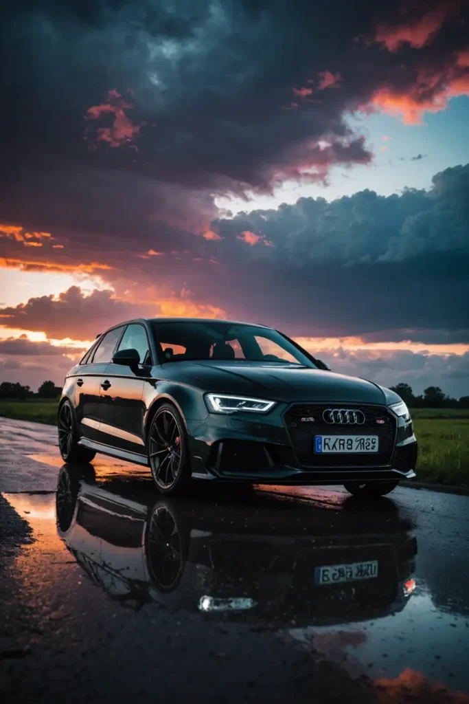 The silhouette of an Audi RS3 against a vibrant, painted sky after a storm, reflecting on the wet asphalt below, dramatic lighting, high contrast, 8k HDR quality.