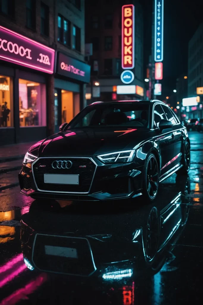 A sleek Audi RS3 on a deserted urban street under the glow of neon signs, casting vivid reflections on its glossy black paint, cyberpunk aesthetic, sharp details.