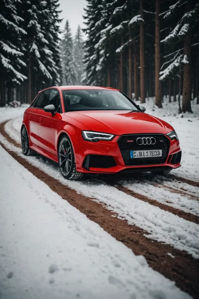 A majestic Audi RS3 in a snowy forest clearing, its red paint contrasting with the pure white snow, soft-focus background with bokeh effect, chilled atmosphere.
