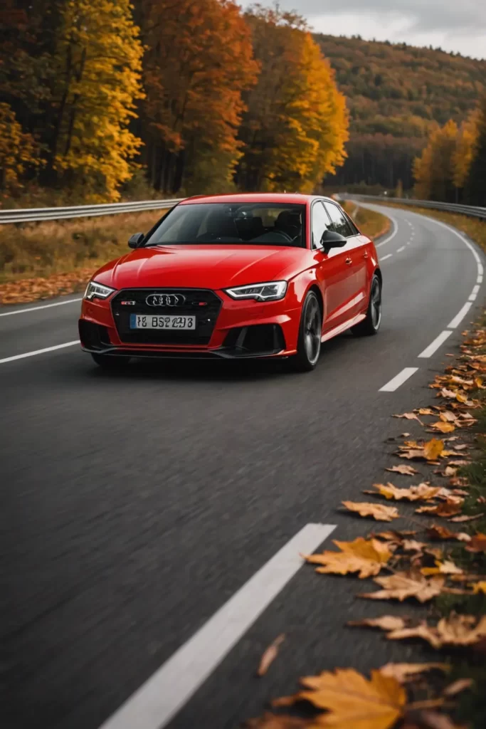 An Audi RS3 speeding down an autumn-lined highway, leaves in mid-whirl, expressing a sense of speed blur, warm colors, highly-detailed, action shot.
