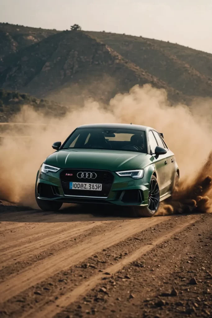 The dynamic Audi RS3 captured in mid-jump on a rugged dirt track, dust clouds billowing, freeze-frame effect, high-adrenaline, matte finish.