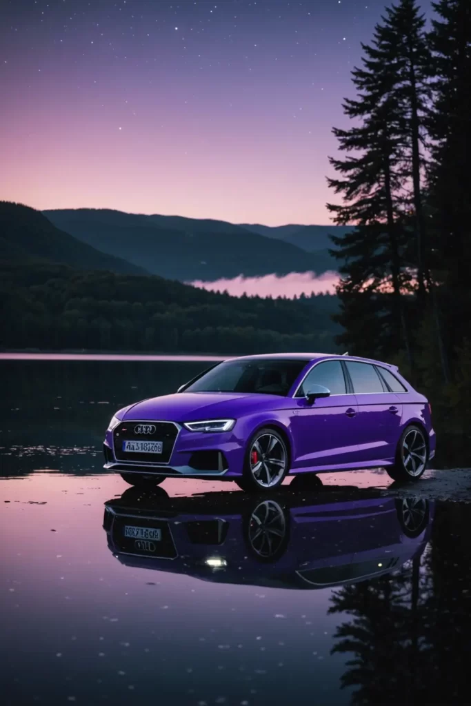 A twilight scene where an Audi RS3 rests at the edge of a peaceful lake, with stars beginning to emerge in the purpling sky, tranquil, long exposure, star reflections on water.