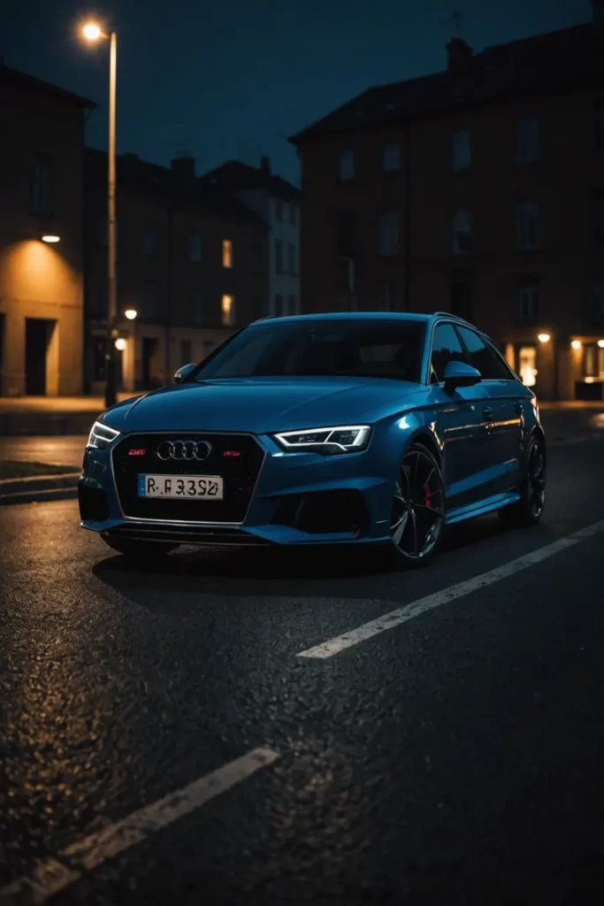 An Audi RS3 in a minimalist setting, under the stark illumination of a single streetlight creating strong chiaroscuro effects, moody atmosphere, high-definition, artistic.